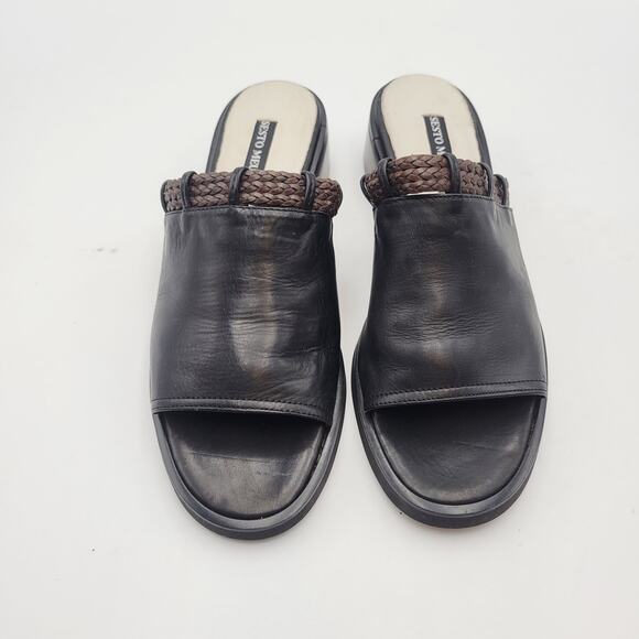 Sesto Meucci Womens 7 1/2M Black Leather Open Toe Slide Sandals Italy Woven - Picture 4 of 11